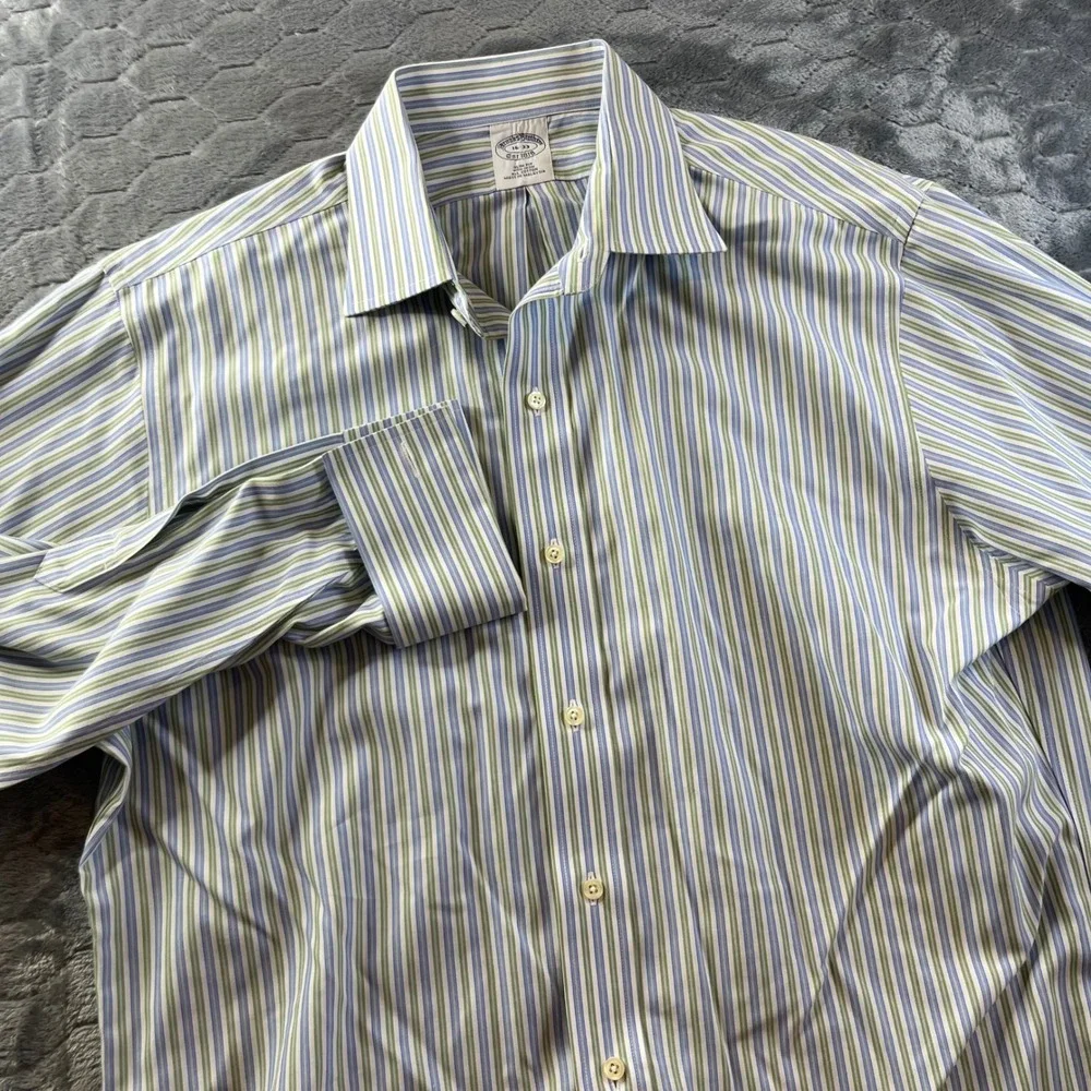 Brooks Brothers Button Down Men 16-33 Blue Green Striped Slim Fit Cotton - Picture 1 of 9